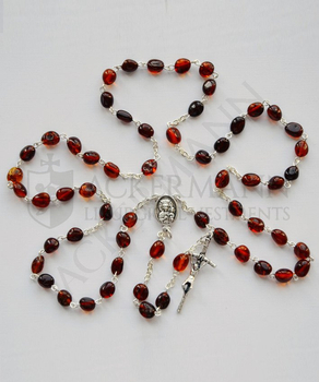 Silberroter Rosenkranz mit dunklen baltischen Bernsteinen