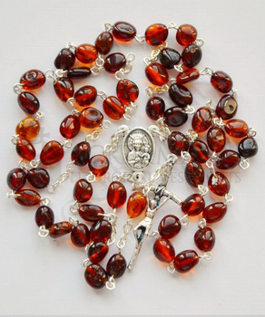 Silberroter Rosenkranz mit dunklen baltischen Bernsteinen