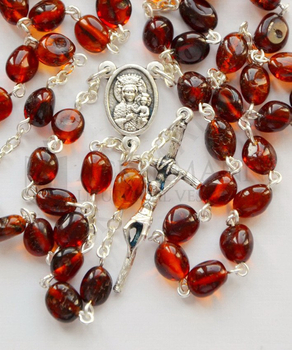 Silberroter Rosenkranz mit dunklen baltischen Bernsteinen