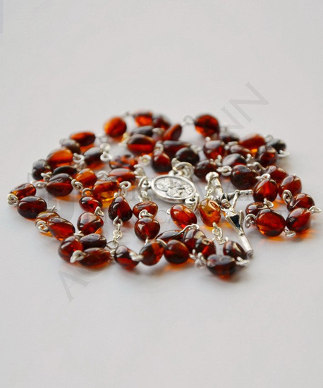 Silberroter Rosenkranz mit dunklen baltischen Bernsteinen